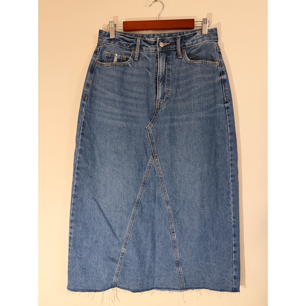 Old Navy Higher High-Rise Denim Midi Skirt Medium Wash Raw Hem Size 8